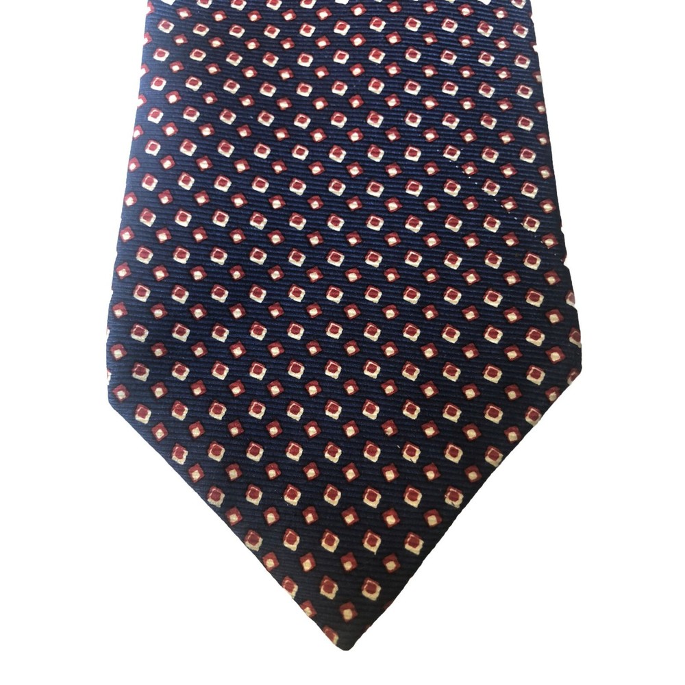 LRL Ralph Lauren Silk Necktie Navy Blue w Red & White Diamonds Hand Finished USA